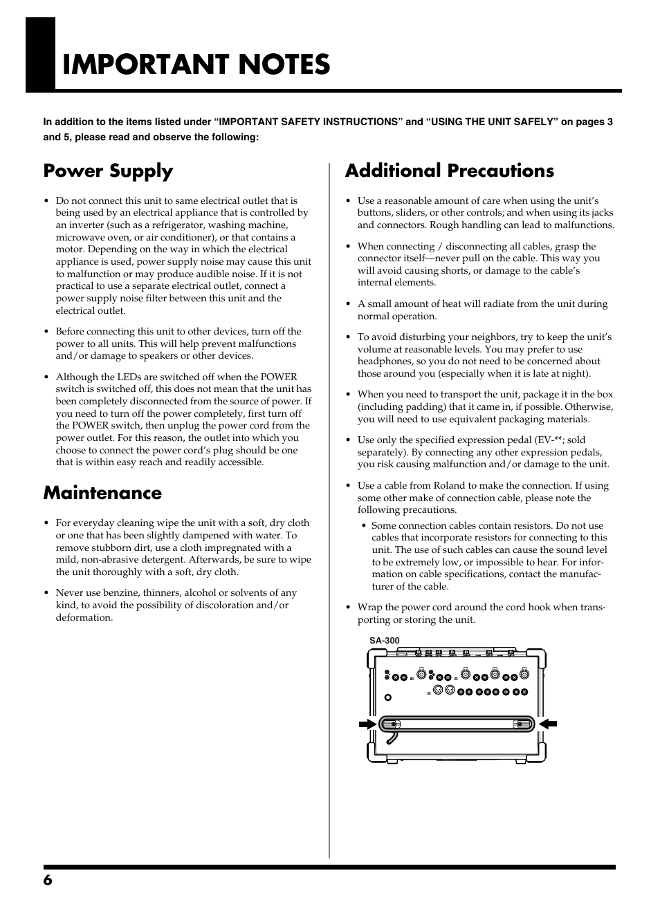 Important notes, Power supply, Maintenance | Additional precautions | Roland SA-300 User Manual | Page 6 / 24