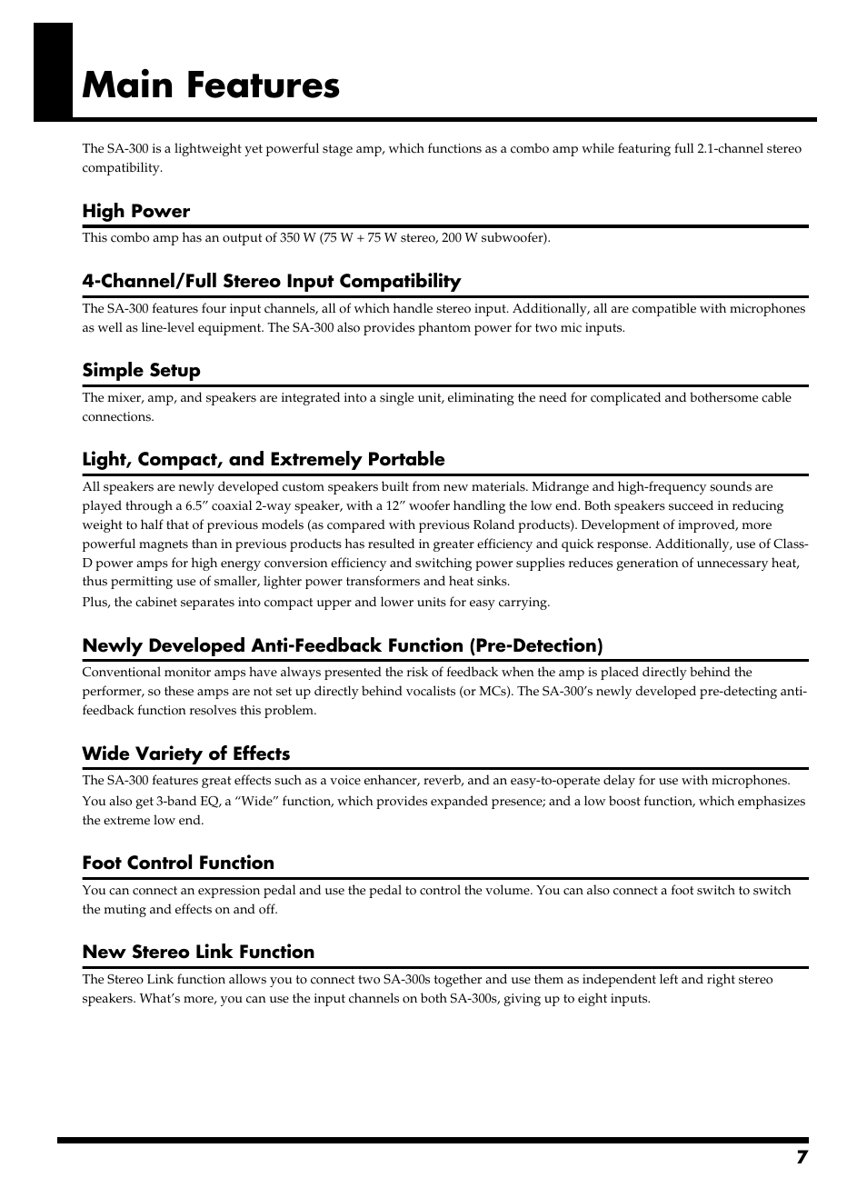 Main features | Roland SA-300 User Manual | Page 7 / 24