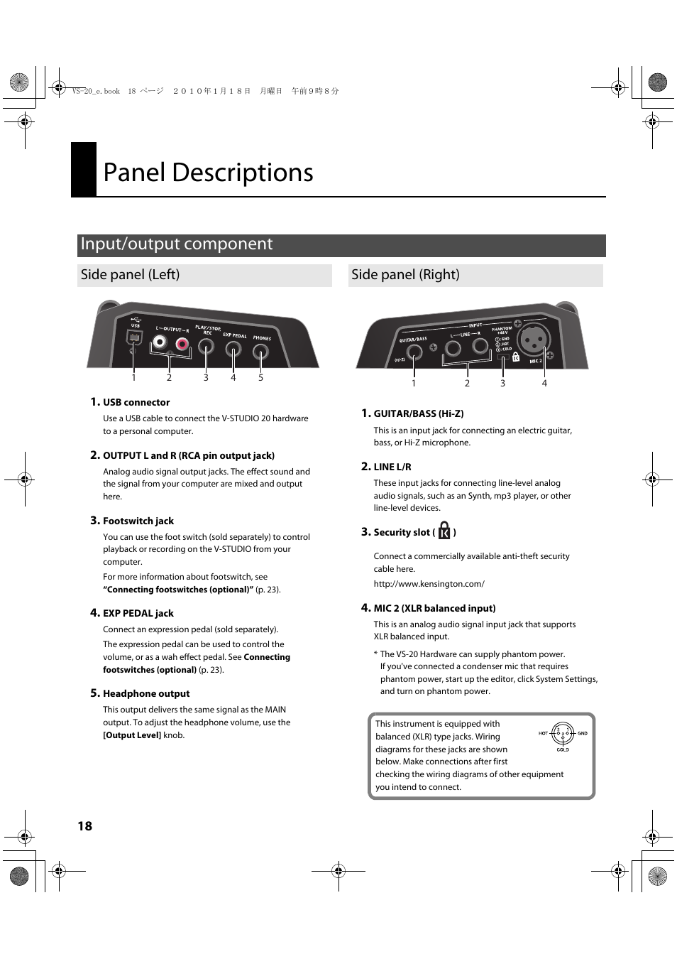 Panel descriptions, Input/output component, Side panel (left) | Side panel (right), Side panel (left) side panel (right) | Roland V-Studio VS-20 User Manual | Page 18 / 52