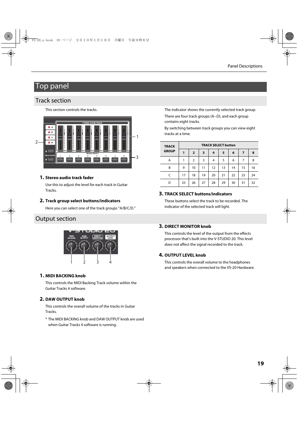 Top panel, Track section, Output section | Track section output section | Roland V-Studio VS-20 User Manual | Page 19 / 52