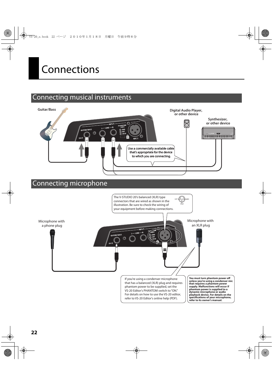 Connections, Connecting musical instruments, Connecting microphone | Roland V-Studio VS-20 User Manual | Page 22 / 52