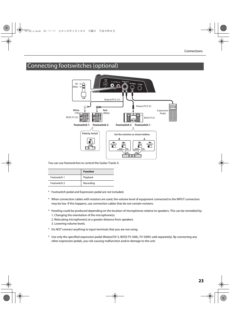 Connecting footswitches (optional) | Roland V-Studio VS-20 User Manual | Page 23 / 52