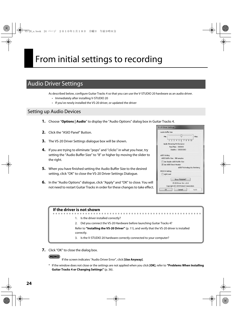 From initial settings to recording, Audio driver settings, Setting up audio devices | Roland V-Studio VS-20 User Manual | Page 24 / 52