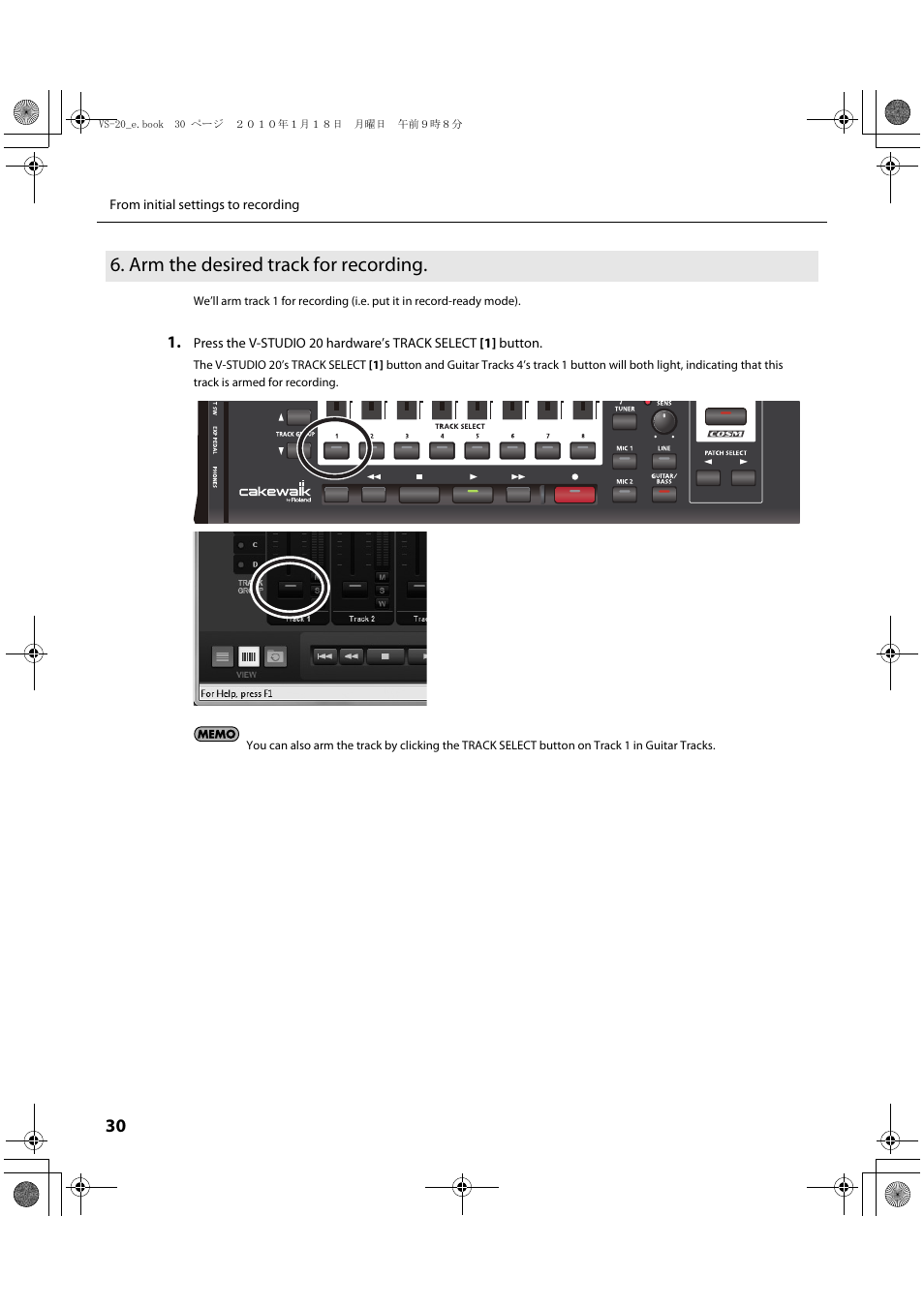 Arm the desired track for recording | Roland V-Studio VS-20 User Manual | Page 30 / 52