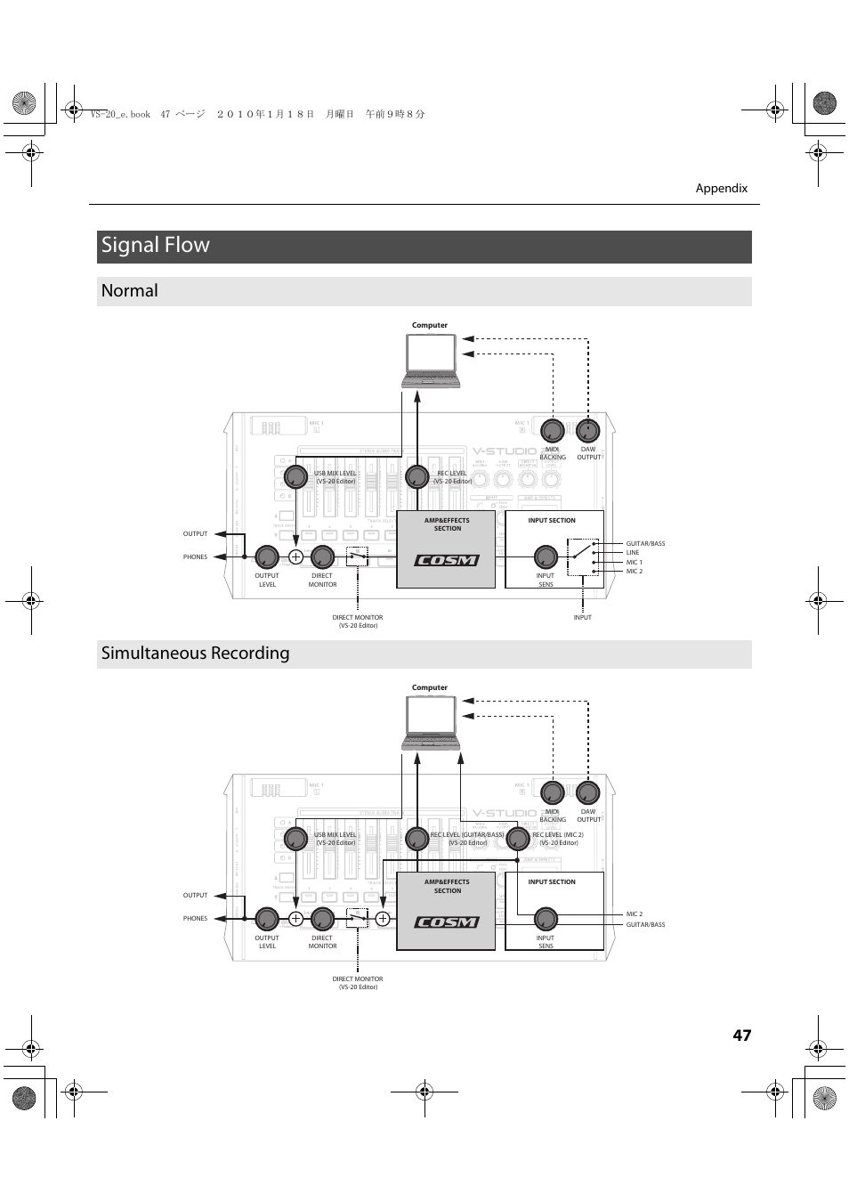 Signal flow, Normal, Simultaneous recording | Normal simultaneous recording, Appendix | Roland V-Studio VS-20 User Manual | Page 47 / 52