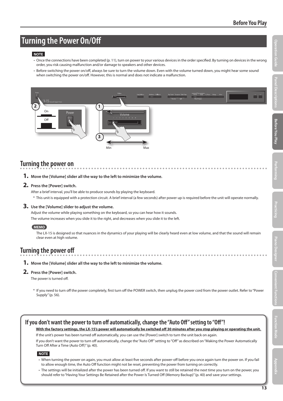 Turning the power on/off, Turning the power on, Turning the power off | Before you play | Roland Digital Piano LX-15 User Manual | Page 13 / 64