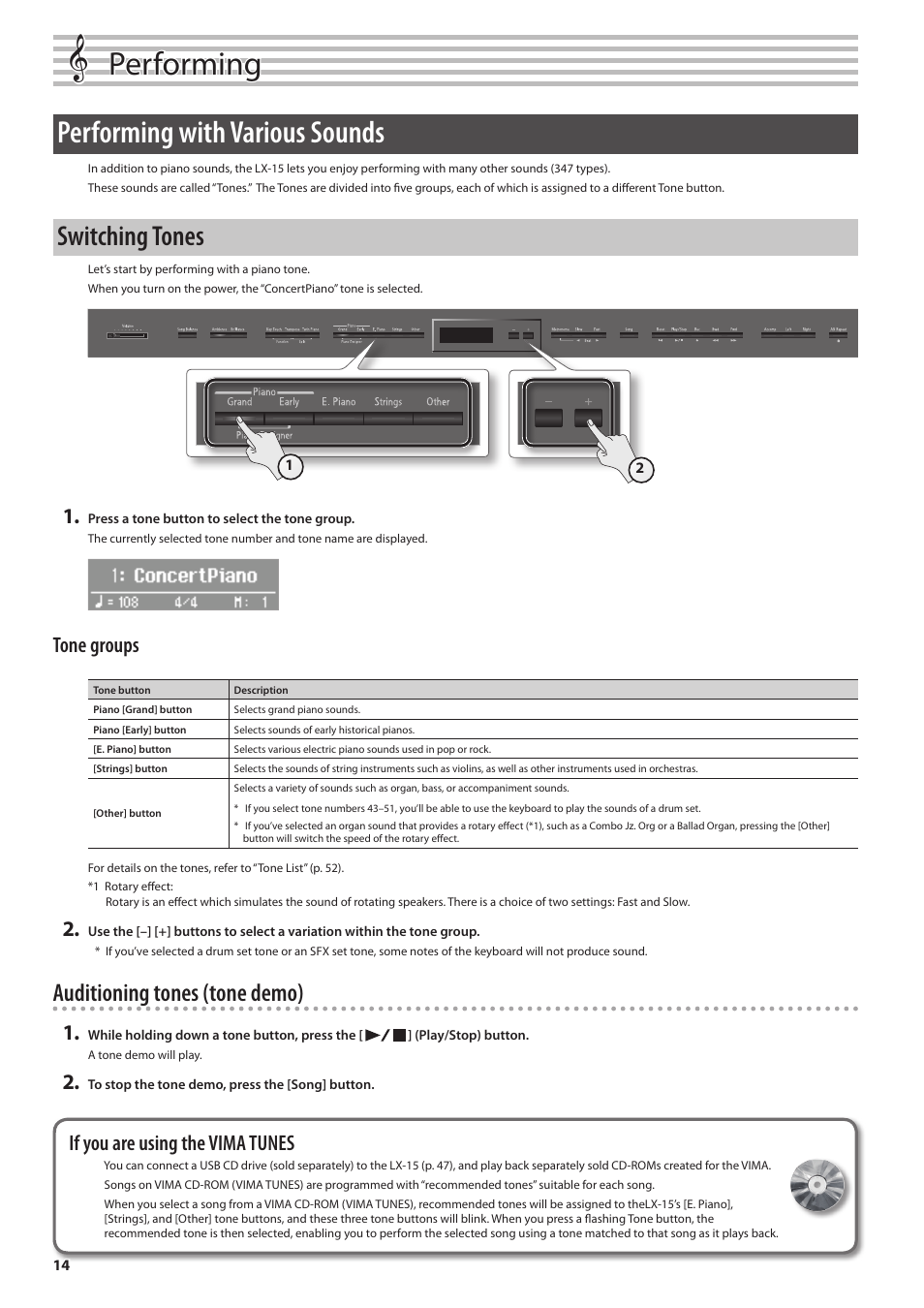 Performing, Performing with various sounds, Switching tones | Auditioning tones (tone demo), Tone groups, If you are using the vima tunes | Roland Digital Piano LX-15 User Manual | Page 14 / 64