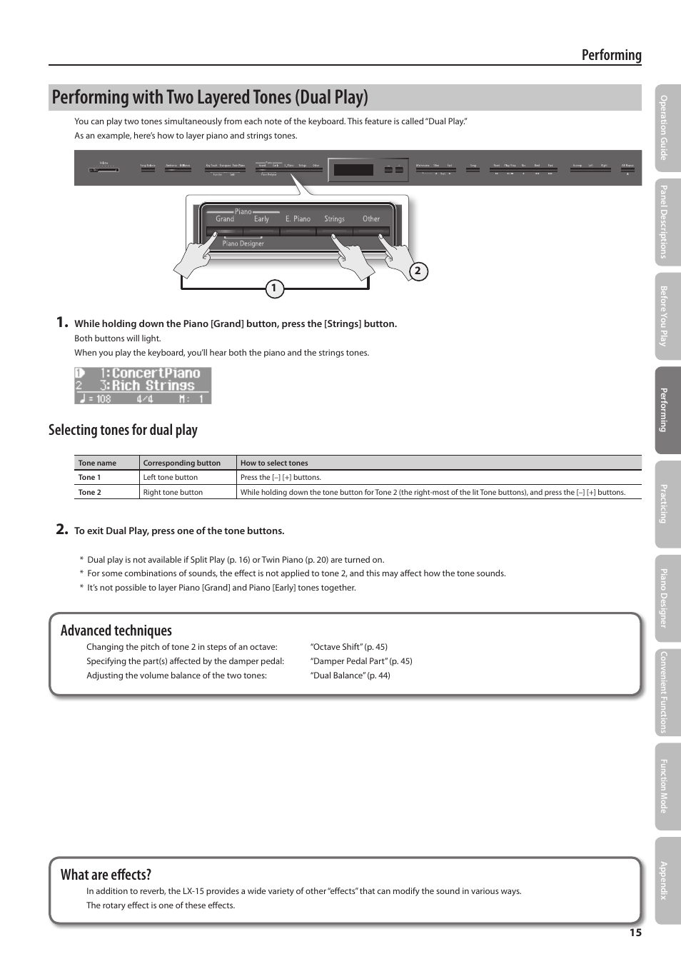 Performing with two layered tones (dual play), Performing, Selecting tones for dual play | Advanced techniques, What are effects | Roland Digital Piano LX-15 User Manual | Page 15 / 64