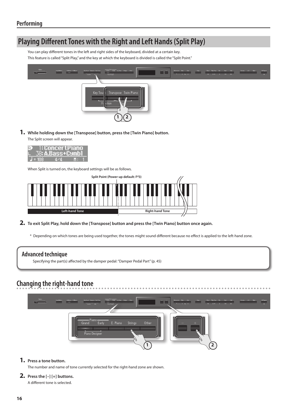 Y (p. 16) or, Changing the right-hand tone, Performing | Advanced technique | Roland Digital Piano LX-15 User Manual | Page 16 / 64