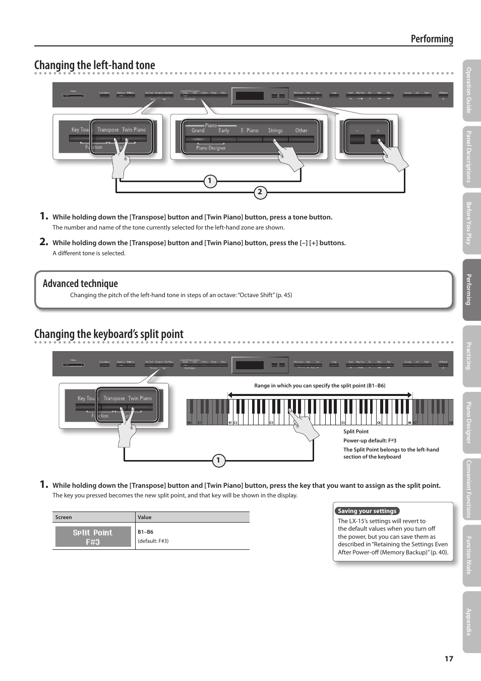 Changing the left-hand tone, Changing the keyboard’s split point, Performing | Advanced technique | Roland Digital Piano LX-15 User Manual | Page 17 / 64