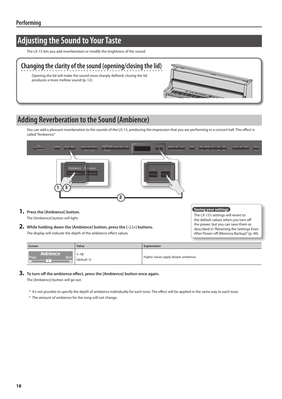 Adjusting the sound to your taste, Adding reverberation to the sound (ambience), Performing | Roland Digital Piano LX-15 User Manual | Page 18 / 64