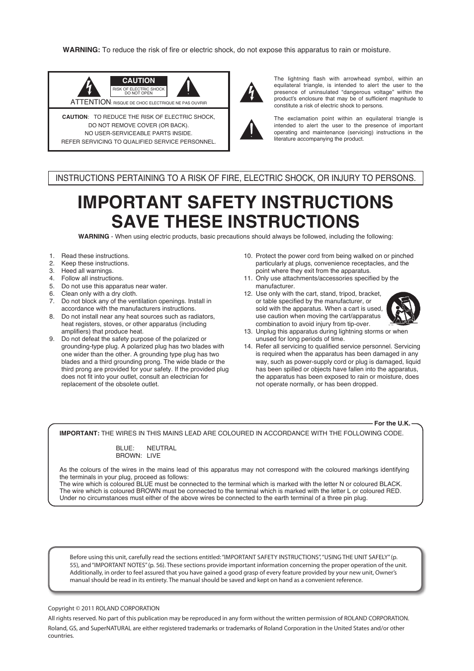 Important safety instructions | Roland Digital Piano LX-15 User Manual | Page 2 / 64