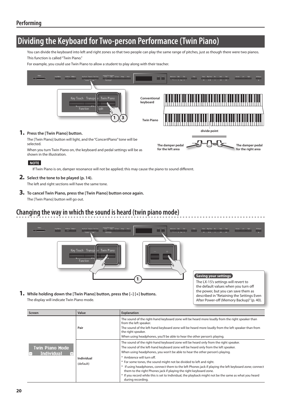 Iano (p. 20) ar, Performing | Roland Digital Piano LX-15 User Manual | Page 20 / 64