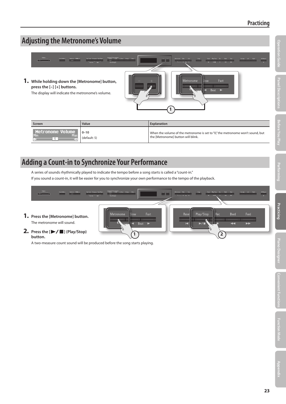 Adjusting the metronome’s volume, Adding a count-in to synchronize your performance, Practicing | Roland Digital Piano LX-15 User Manual | Page 23 / 64