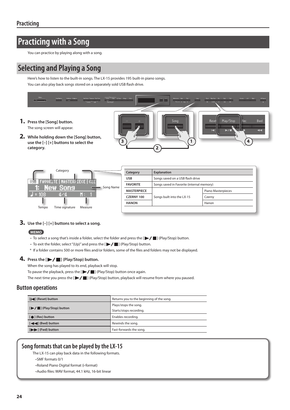 Practicing with a song, Selecting and playing a song, Practicing | Button operations, Song formats that can be played by the lx-15 | Roland Digital Piano LX-15 User Manual | Page 24 / 64