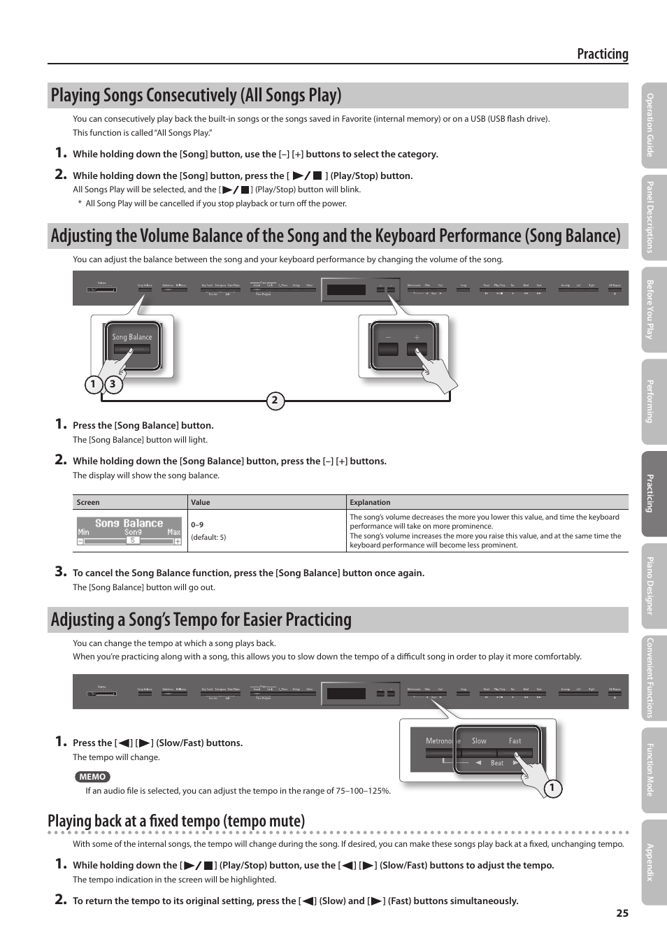 Playing songs consecutively (all songs play), Adjusting a song’s tempo for easier practicing, Playing back at a fixed tempo (tempo mute) | Practicing | Roland Digital Piano LX-15 User Manual | Page 25 / 64