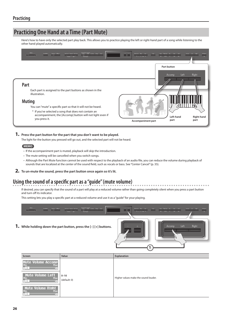 Practicing one hand at a time (part mute), Practicing, Part | Muting | Roland Digital Piano LX-15 User Manual | Page 26 / 64