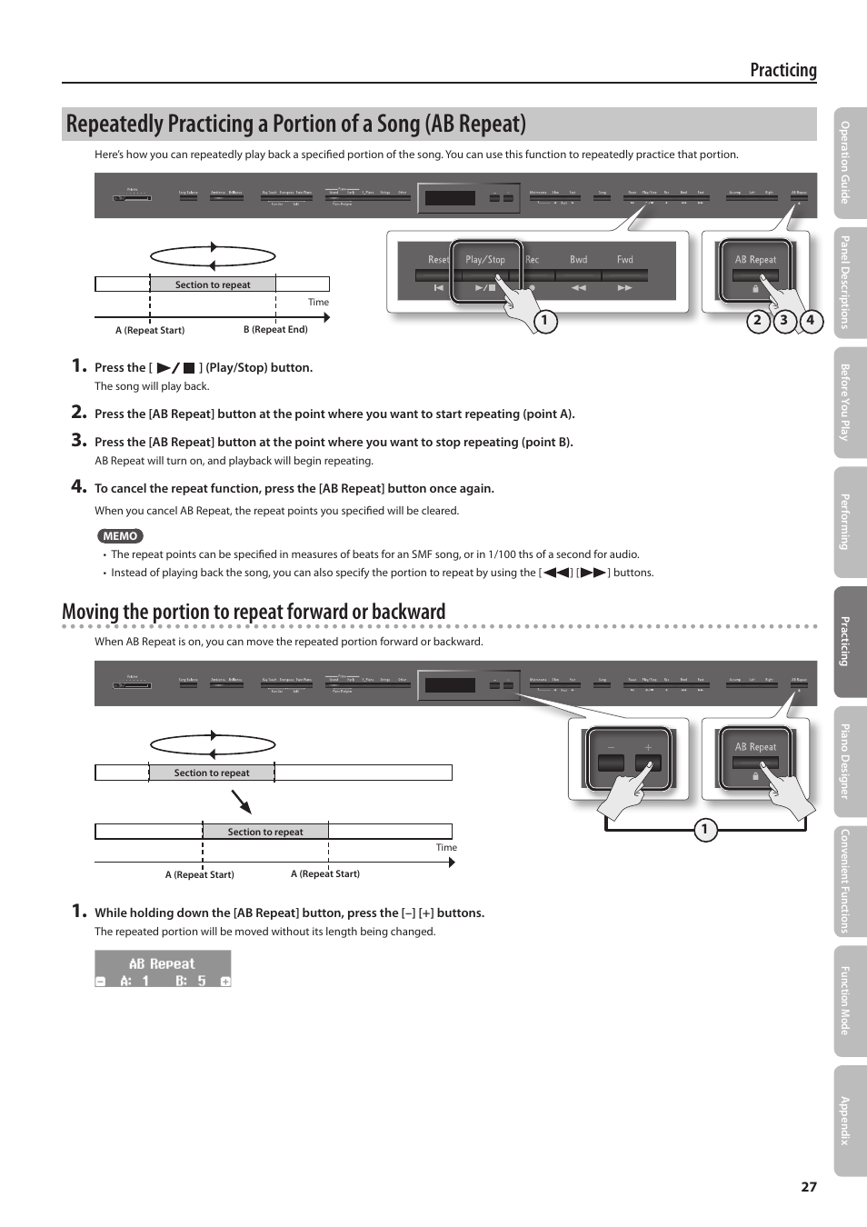 Moving the portion to repeat forward or backward, Practicing | Roland Digital Piano LX-15 User Manual | Page 27 / 64