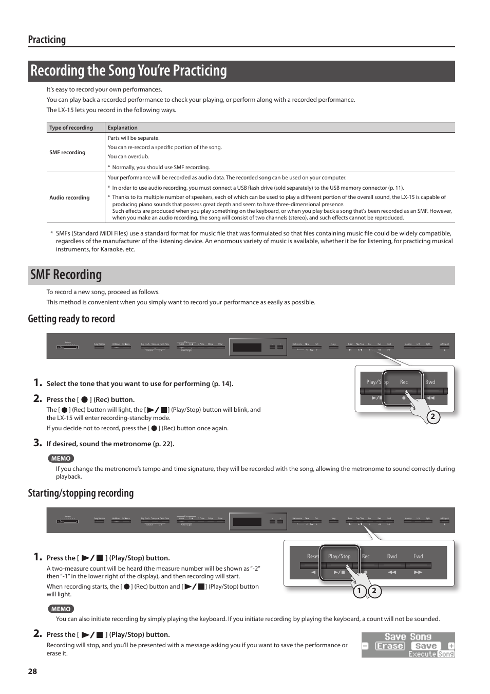 Recording the song you’re practicing, Smf recording, Practicing | Getting ready to record 1, Starting/stopping recording 1 | Roland Digital Piano LX-15 User Manual | Page 28 / 64