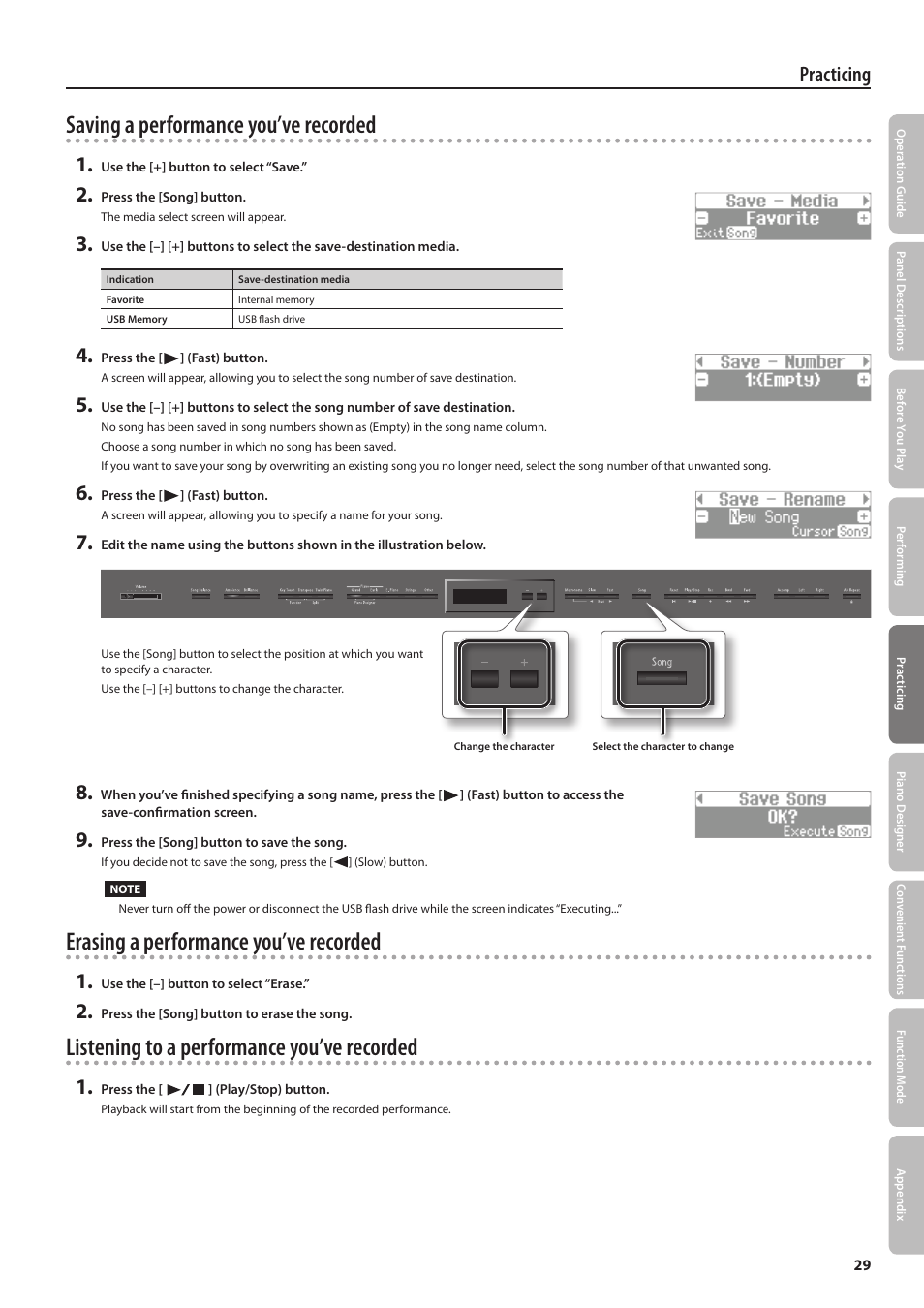 Saving a performance you’ve recorded, Erasing a performance you’ve recorded, Listening to a performance you’ve recorded | Practicing | Roland Digital Piano LX-15 User Manual | Page 29 / 64