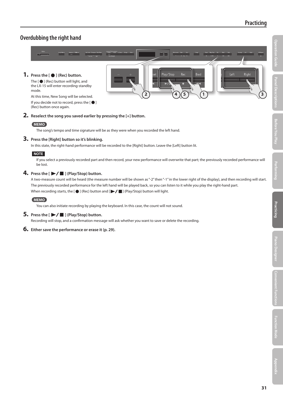 Practicing overdubbing the right hand 1 | Roland Digital Piano LX-15 User Manual | Page 31 / 64