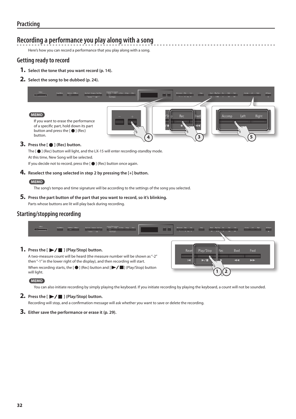 Recording a performance you play along with a song, Practicing, Getting ready to record 1 | Starting/stopping recording 1 | Roland Digital Piano LX-15 User Manual | Page 32 / 64