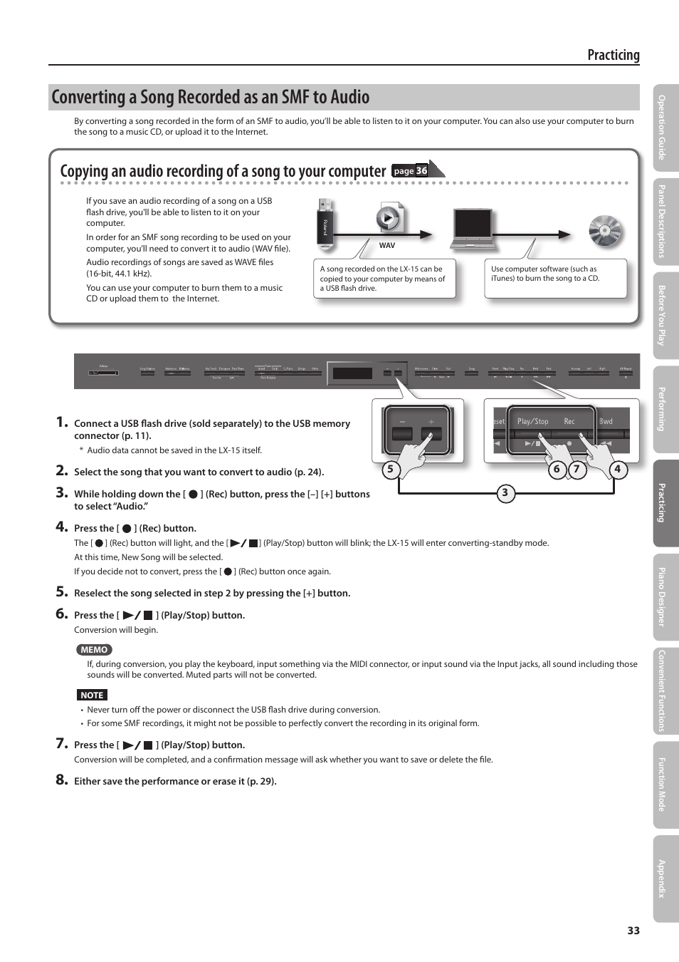 Converting a song recorded as an smf to audio, Practicing | Roland Digital Piano LX-15 User Manual | Page 33 / 64