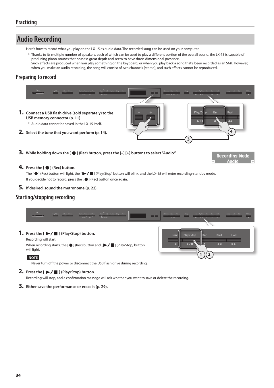 Audio recording, Practicing, Preparing to record 1 | Starting/stopping recording 1 | Roland Digital Piano LX-15 User Manual | Page 34 / 64