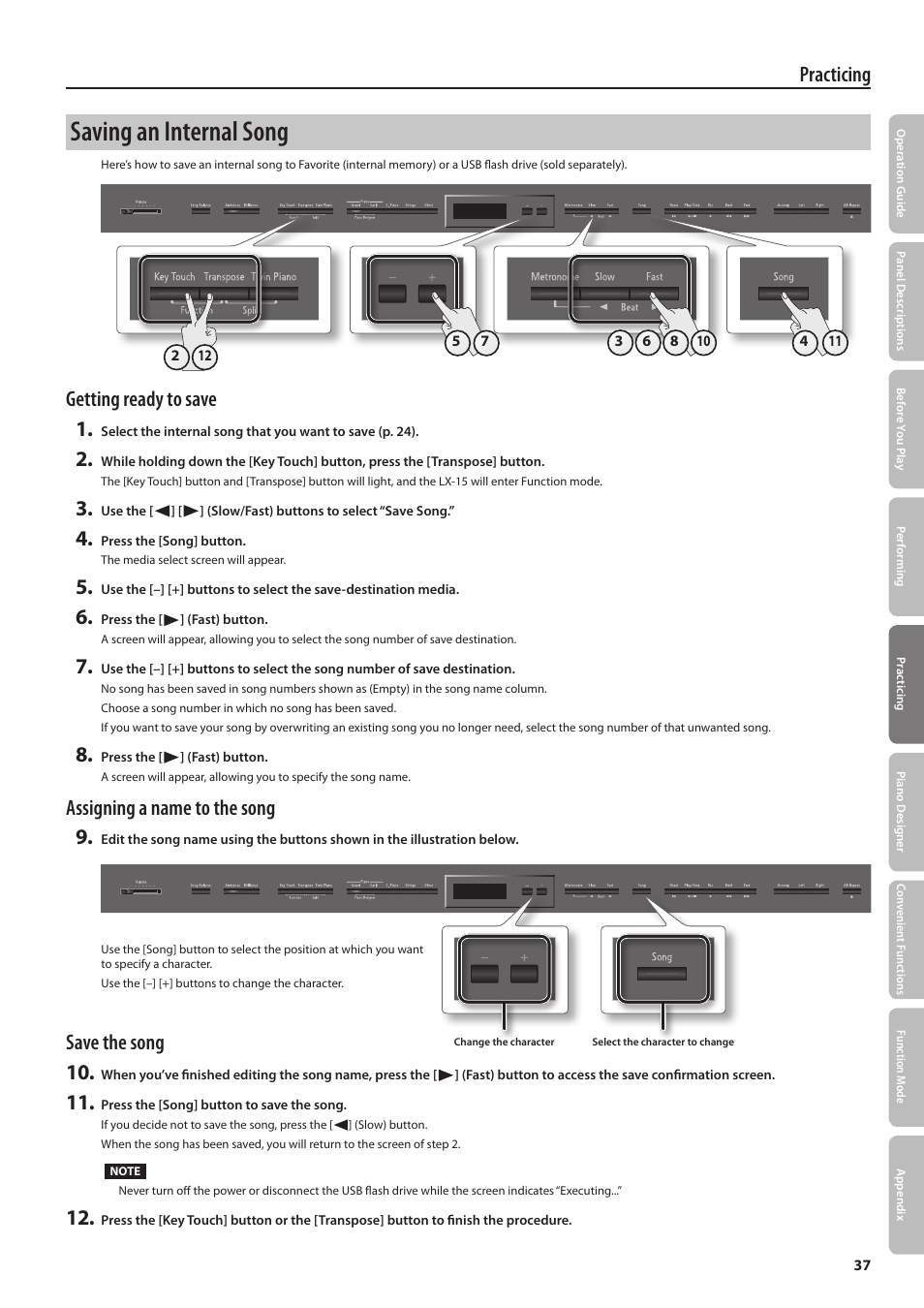 Saving an internal song, Practicing, Getting ready to save 1 | Assigning a name to the song 9, Save the song 10 | Roland Digital Piano LX-15 User Manual | Page 37 / 64