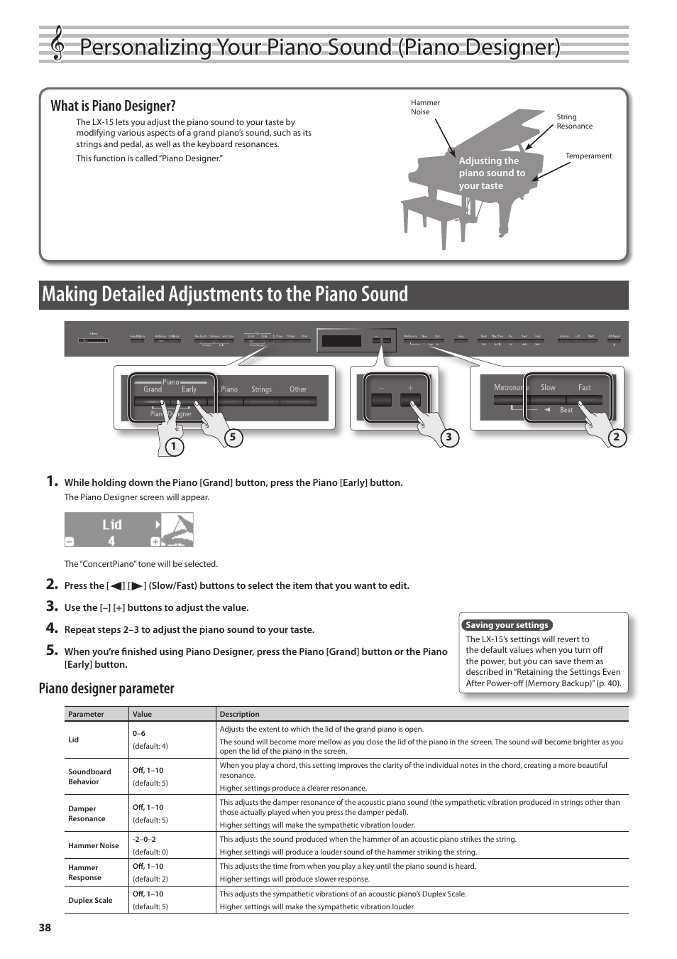 Personalizing your piano sound (piano designer), Making detailed adjustments to the piano sound, What is piano designer | Piano designer parameter | Roland Digital Piano LX-15 User Manual | Page 38 / 64