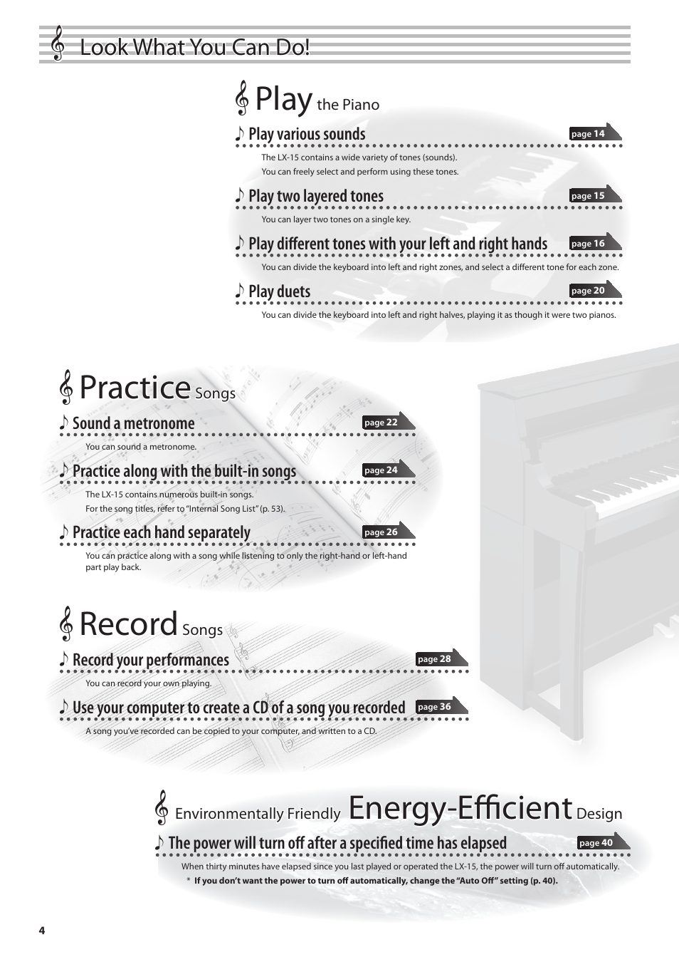 Look what you can do, Record, Energy-efficient | Play, Practice, Record your performances, Play various sounds, Play two layered tones, Play duets, Sound a metronome | Roland Digital Piano LX-15 User Manual | Page 4 / 64