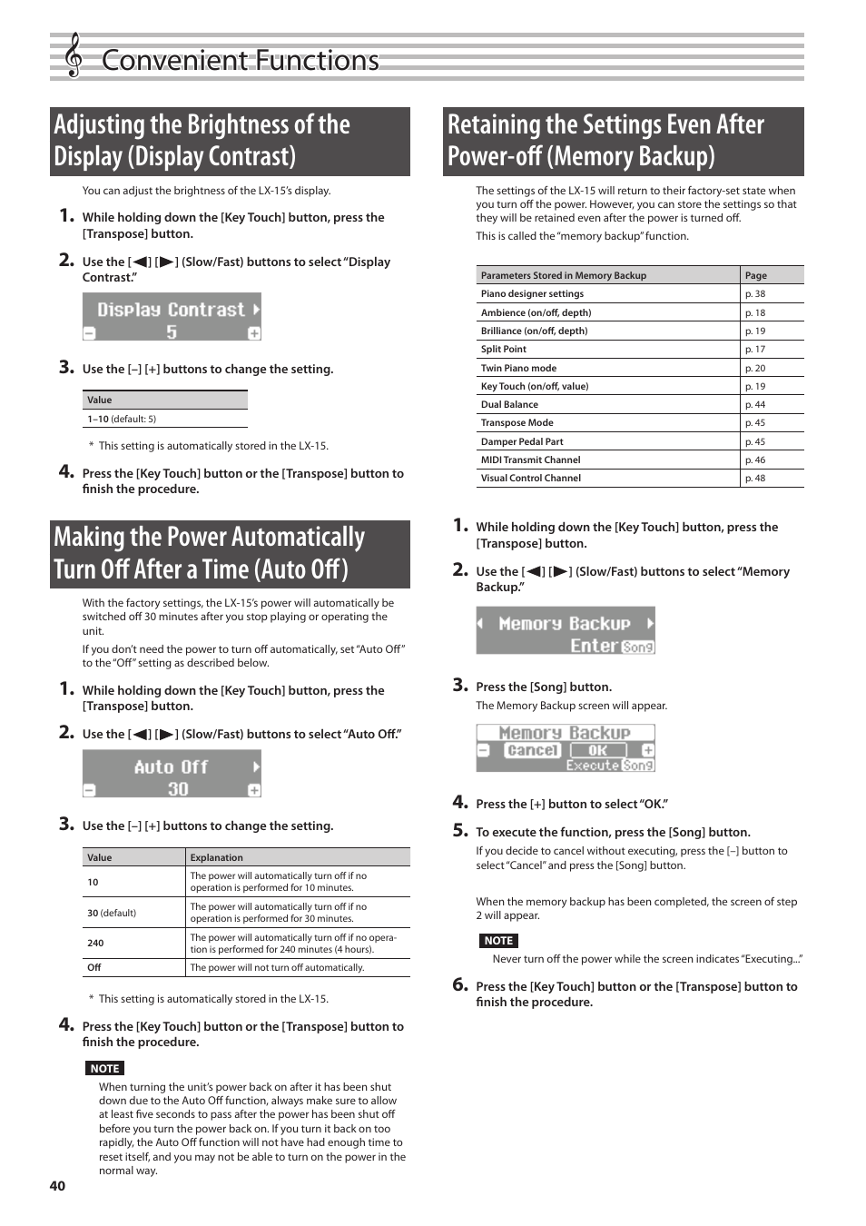 Setting (p. 40), Ibed in “retaining the settings even, After power-off (memory backup)” (p. 40) | Convenient functions | Roland Digital Piano LX-15 User Manual | Page 40 / 64