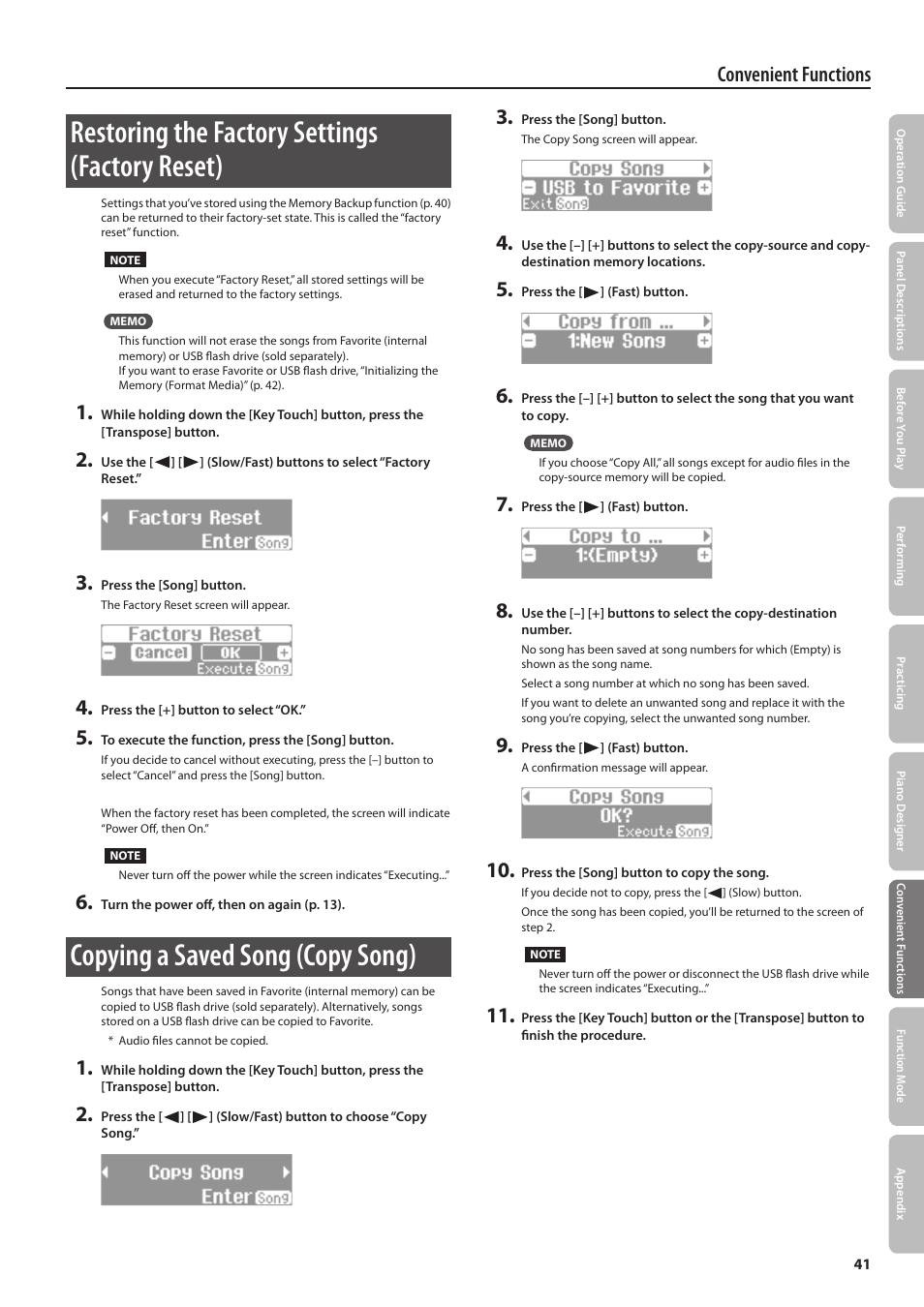 Restoring the factory settings (factory reset), Copying a saved song (copy song), Convenient functions | Roland Digital Piano LX-15 User Manual | Page 41 / 64