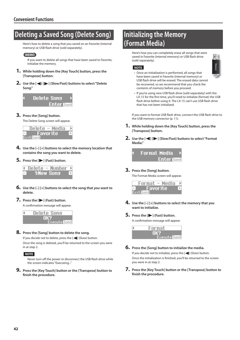 Initializing the, Memory (format media)” (p. 42), Deleting a saved song (delete song) | Convenient functions | Roland Digital Piano LX-15 User Manual | Page 42 / 64