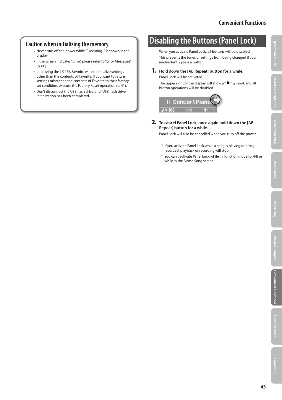 Disabling the buttons (panel lock) | Roland Digital Piano LX-15 User Manual | Page 43 / 64