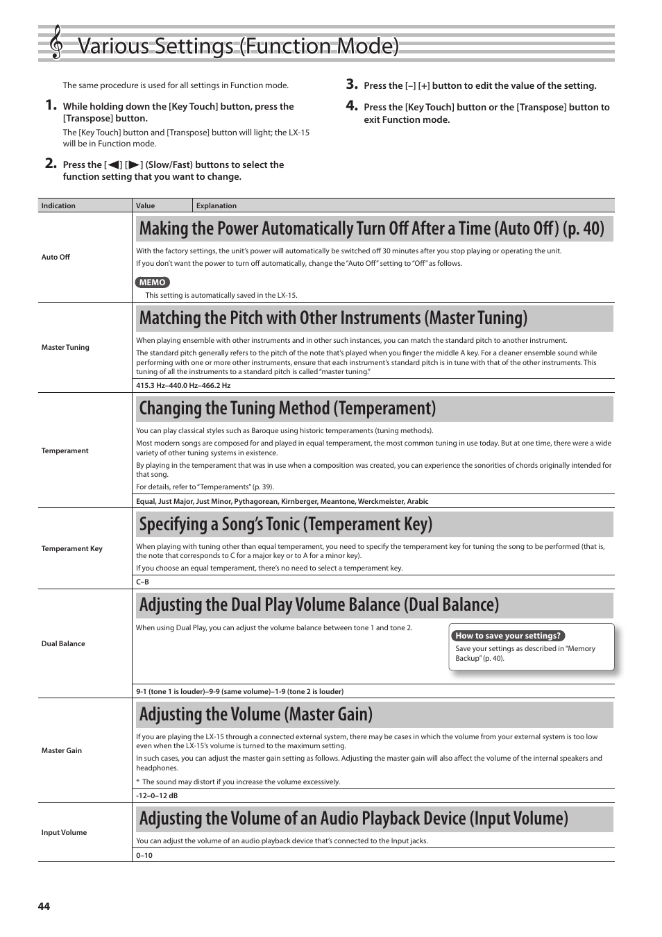 P. 44), P. 44, Various settings (function mode) | Changing the tuning method (temperament), Specifying a song’s tonic (temperament key), Adjusting the volume (master gain) | Roland Digital Piano LX-15 User Manual | Page 44 / 64