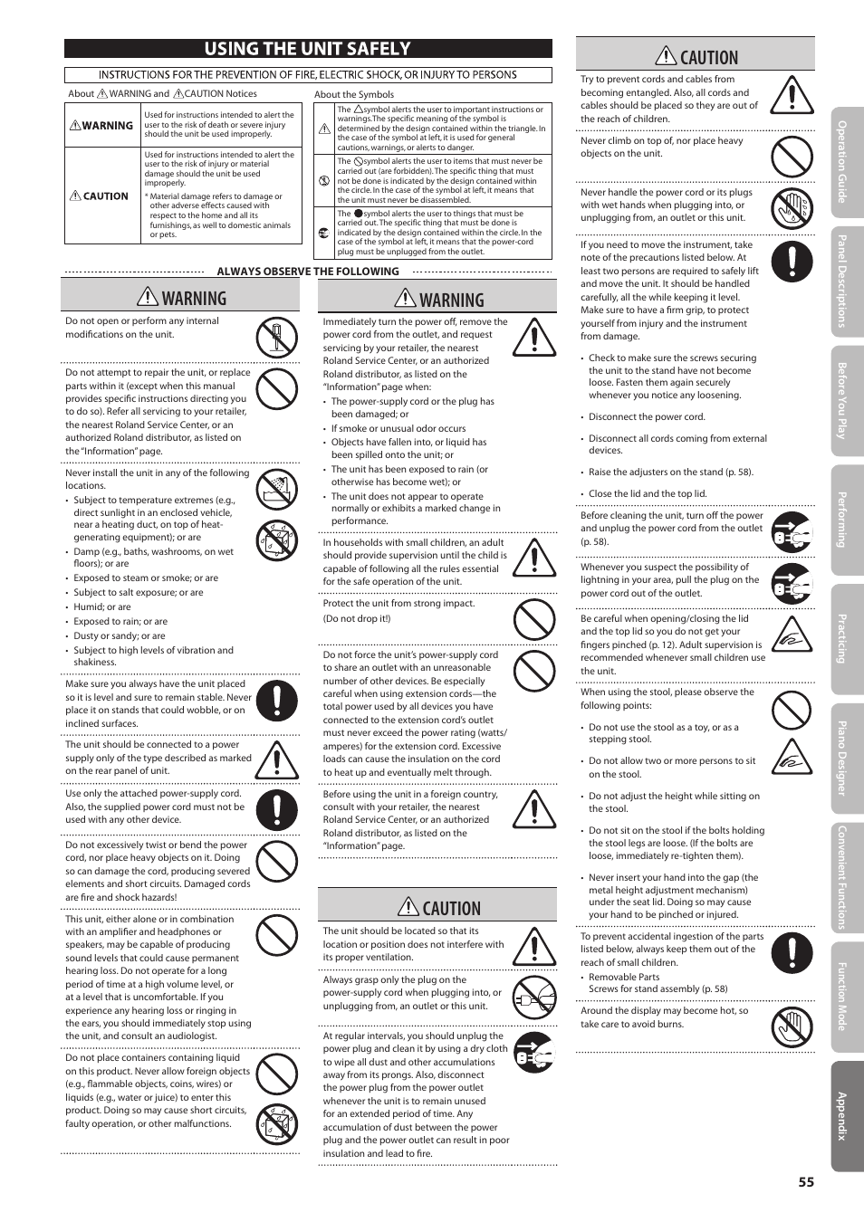 Using the unit safely, Warning, Caution | Roland Digital Piano LX-15 User Manual | Page 55 / 64