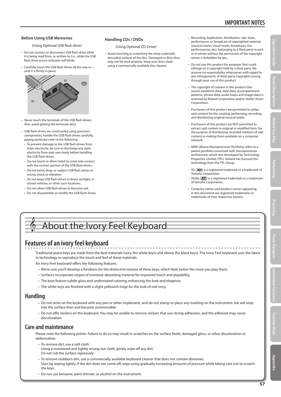 About the ivory feel keyboard, Features of an ivory feel keyboard, Handling | Care and maintenance | Roland Digital Piano LX-15 User Manual | Page 57 / 64