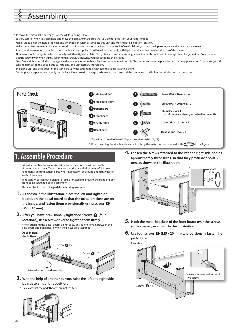 Assembling the lx-15, Assembling, Install the piano onto the stand | Adjusting the adjuster, Assembly procedure, Parts check, When moving the piano | Roland Digital Piano LX-15 User Manual | Page 58 / 64