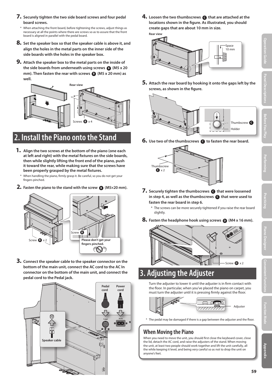 Assembling the lx-15, Install the piano onto the stand, Adjusting the adjuster | Assembly procedure, Parts check, When moving the piano | Roland Digital Piano LX-15 User Manual | Page 59 / 64