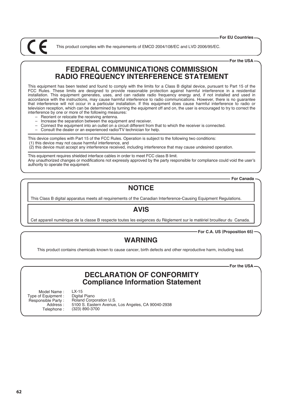 Notice avis, Warning | Roland Digital Piano LX-15 User Manual | Page 62 / 64