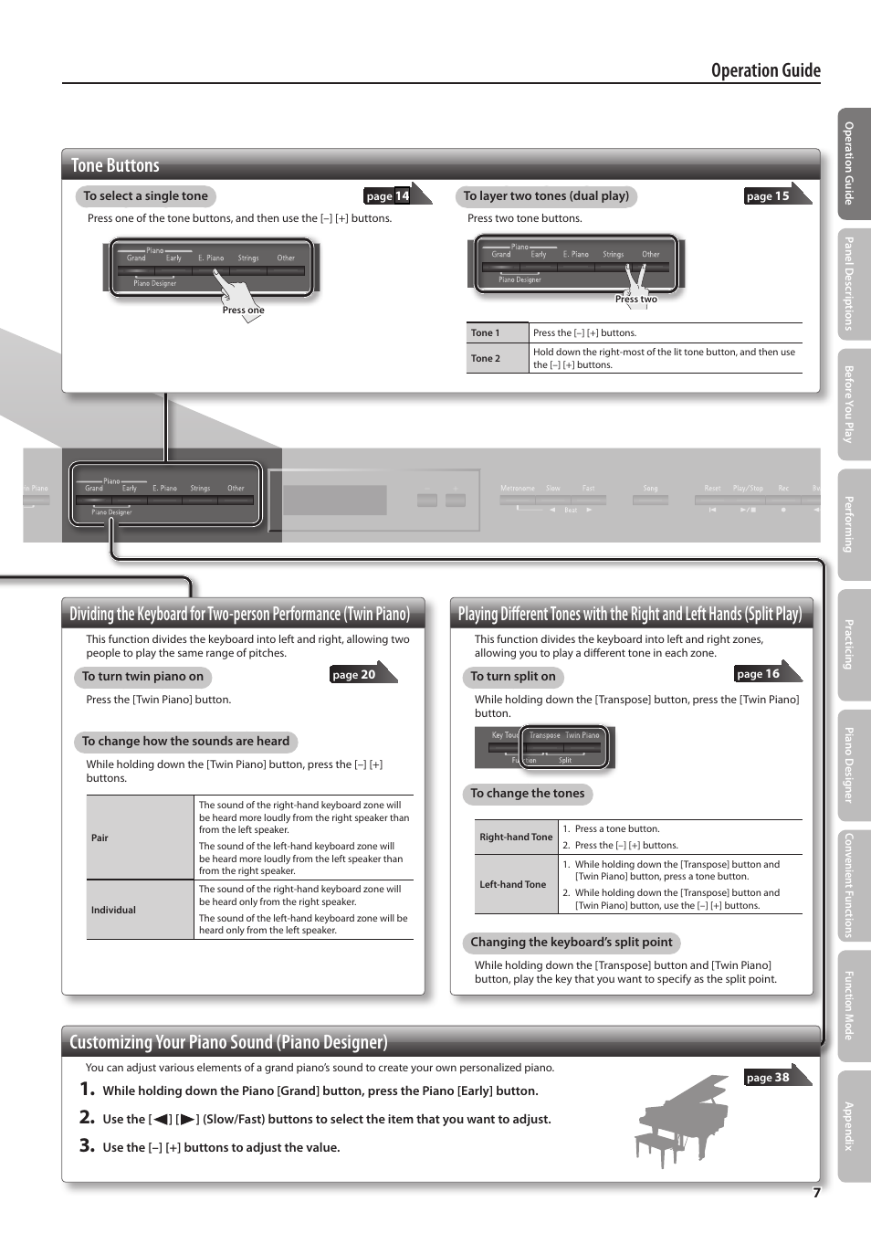 Tone buttons, Customizing your piano sound (piano designer) | Roland Digital Piano LX-15 User Manual | Page 7 / 64