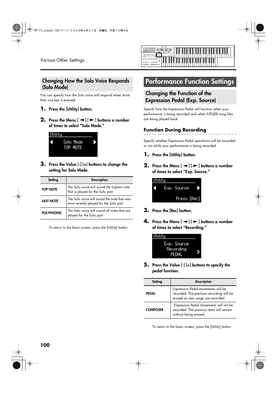 Changing how the solo voice responds (solo mode), Performance function settings | Roland ATELIER 5100001499 User Manual | Page 102 / 144