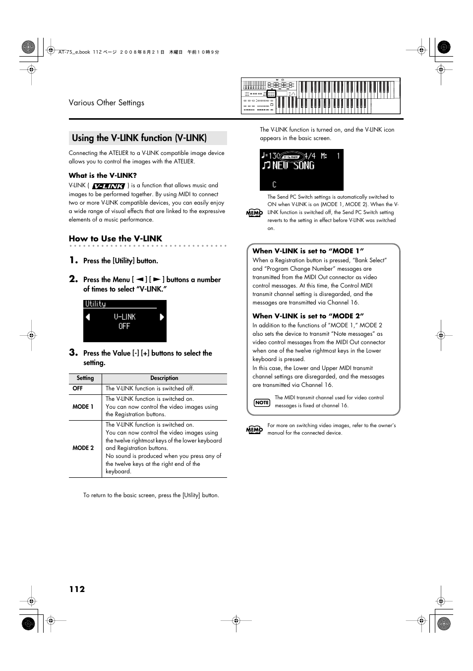 Using the v-link function (v-link) | Roland ATELIER 5100001499 User Manual | Page 114 / 144