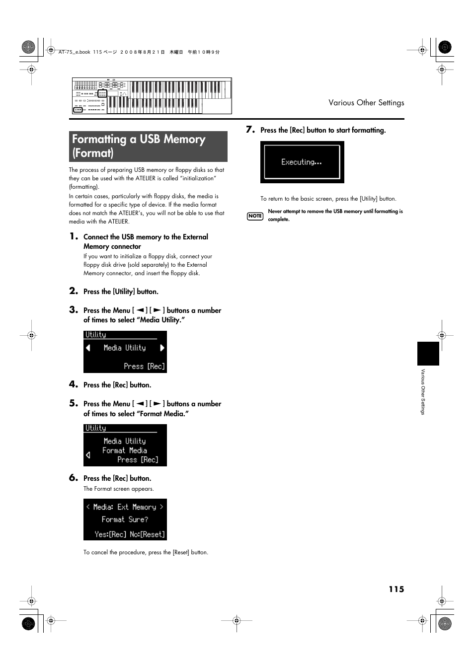 Formatting a usb memory (format) | Roland ATELIER 5100001499 User Manual | Page 117 / 144