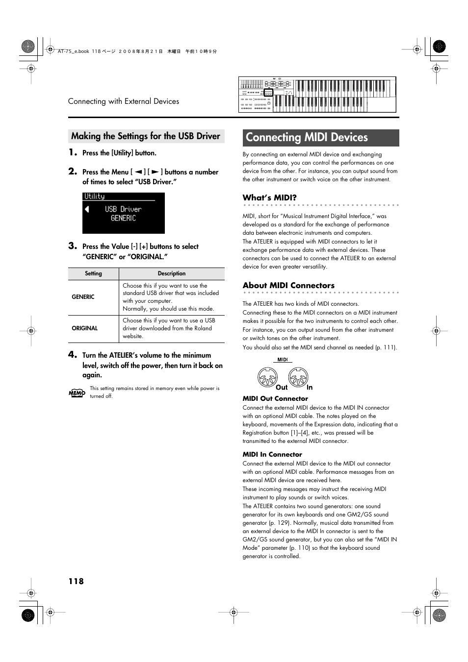 Making the settings for the usb driver, Connecting midi devices, P. 118 | Roland ATELIER 5100001499 User Manual | Page 120 / 144