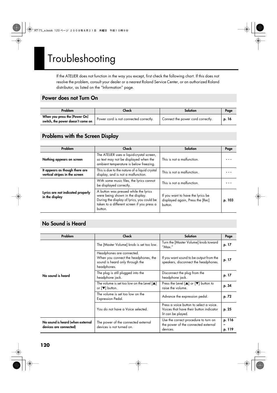 Troubleshooting, Power does not turn on, Problems with the screen display | No sound is heard | Roland ATELIER 5100001499 User Manual | Page 122 / 144