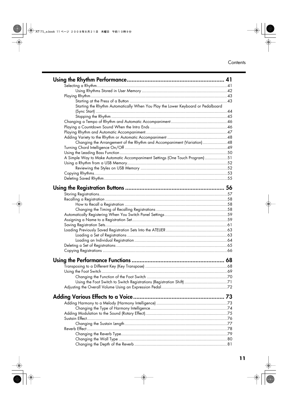 Using the rhythm performance, Using the registration buttons, Using the performance functions | Adding various effects to a voice | Roland ATELIER 5100001499 User Manual | Page 13 / 144