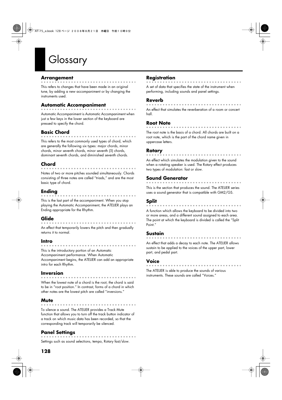 Glossary, You play an inverted chord (p. 128) | Roland ATELIER 5100001499 User Manual | Page 130 / 144