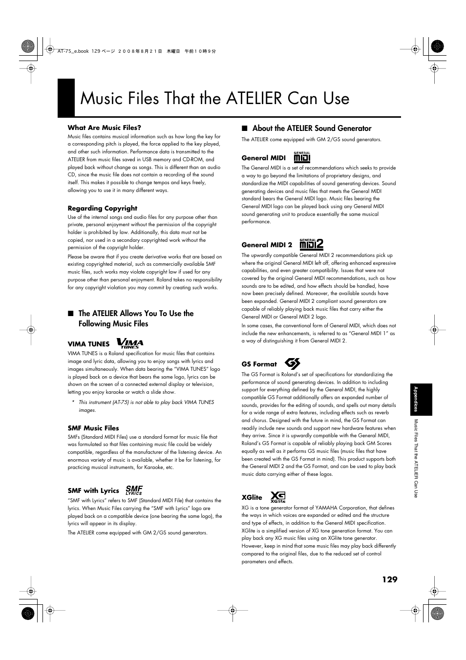 Music files that the atelier can use, About the atelier sound generator | Roland ATELIER 5100001499 User Manual | Page 131 / 144